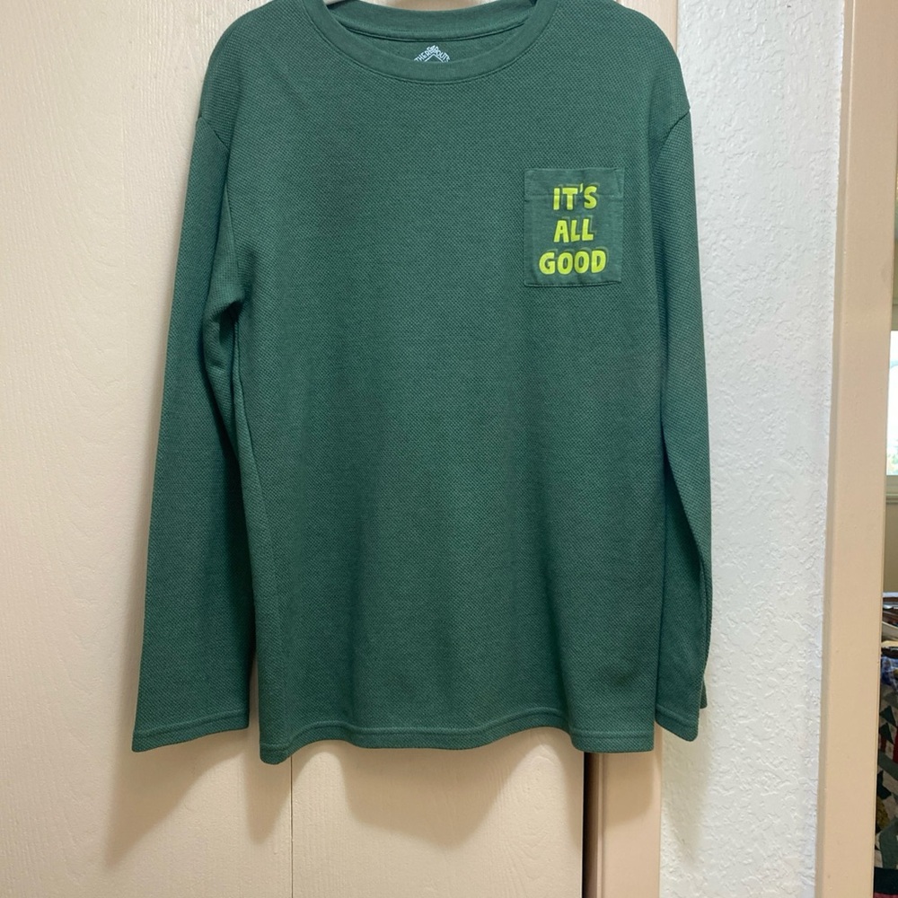 BOYS Forest Green Long Sleeve THERMAL TOP  with Neon Graphic  SIZE 18/20